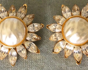 Sparkling CRAFT Signed FLOWER Baroque PEARL Glass Crystals Big Earrings Gold Metal Vintage Designer Runway Couture Leaves Art Deco Statement