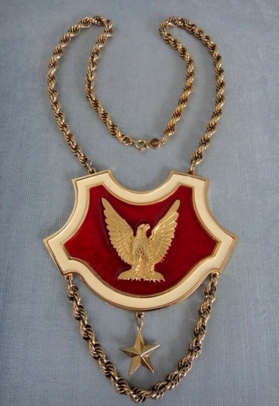 Massive Accessocraft Signed Bib White Red Enameled Eagle Shield Star Breastplate Big Statement Gold Metal Pendant Necklace Vintage Military
