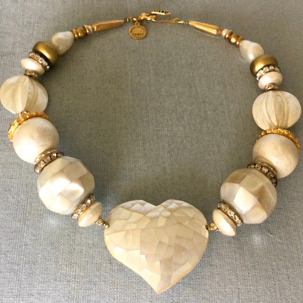 MARIE VICTOIRE KRAMER Paris Signed Huge Heart Mother Of Pearl Choker Collar Necklace Crystal Gold Metal Vintage Designer Runway Love Couture