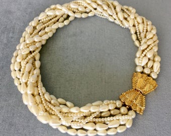 Fabulous CAROLEE Signed PEARL Torsade BOW Clasp Art Deco Gold Metal Collar Necklace Windsor Collection Vintage Rare Designer Couture Runway