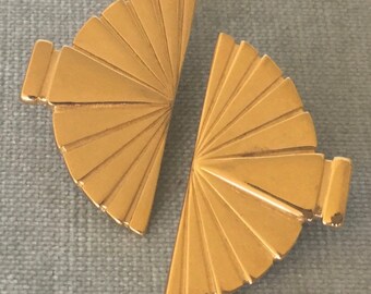 Iconic KARL LAGERFELD Art Deco FAN Clip-on Earrings Gold Metal Vintage Designer Runway Couture Statement Paris French France Modernist Logo