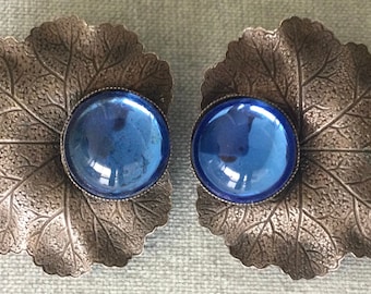 Massive IKUO ICHIMORI Paris Signed FLOWER Sculptural Drop Earrings Blue  Lucite Cabochon Silver Metal Vintage Designer Runway Couture France