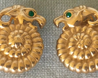 Chic ERWIN PEARL Art Deco RAM’s Head Earrings Emerald Green Diamanté Crystal Eye Gold Metal Vintage Designer Runway Couture Animal Statement