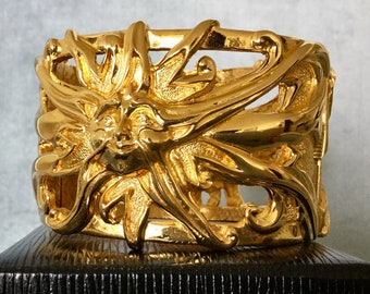 Iconic FENDI Signed SUN FACE 2” Wide Cuff Bracelet 18K Gold-plated Metal  Sunburst Rays Vintage Designer Runway Couture Italy Big Statement