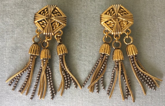 3 1/2" Long SATELLITE PARIS Signed BAROQUE Medallion & Triple Tassel Drop Dangle Earrings Gold Silver Metal Vintage Designer Runway Couture