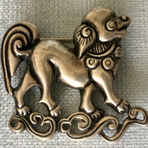 Most Adorable PEKINGESE FOO DOG Sculptural Brooch Pin Silver Metal Vintage Chinese Asian Designer Couture Oriental Animal Figural Statement