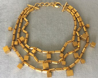 Rarest FENDI Signed Cube LOGO CHARM Triple Chain Collar Choker Necklace Black Enamel Gold Metal Vintage Designer Runway Cubist Couture Italy