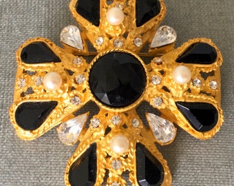 Oversized ANN TAYLOR Signed Maltese CROSS Brooch Pin Black Lucite Pearls Crystals Gold Metal Vintage Designer Runway Couture Art Deco Huge