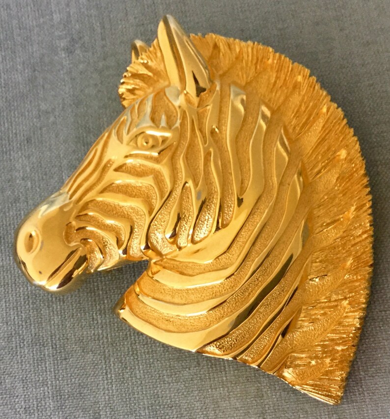 Massive Douglas PAQUETTE Signed ZEBRA\u2019s HEAD Gold Metal Oversized Belt Buckle Vintage Designer Runway Couture Animal Statement Large Figural