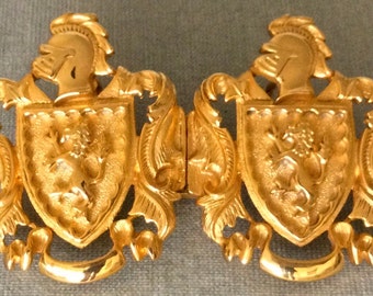 Heraldic TALBOTS Signed CREST INSIGNIA Shield Rampant Lion Knight Interlocking Belt Buckle Gold Metal Vintage Designer Couture Big Statement