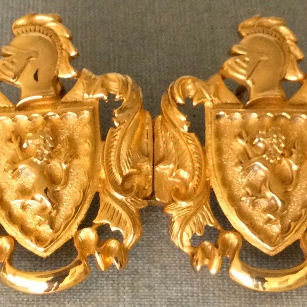 Heraldic TALBOTS Signed CREST INSIGNIA Shield Rampant Lion Knight Interlocking Belt Buckle Gold Metal Vintage Designer Couture Big Statement