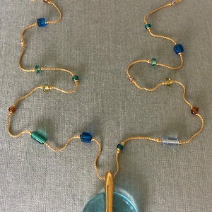 Modernist ANNE KLEIN Signed GLASS Wheel Pendant Multicolor Beads 36” Long Chain Choker Necklace Gold Metal Vintage Designer Runway Couture