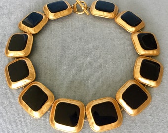 ANNE KLEIN Signed BYZANTINE Massive Black Enamel Medallion Link Cleopatra Choker Collar Necklace Gold Metal Vintage Designer Runway Couture