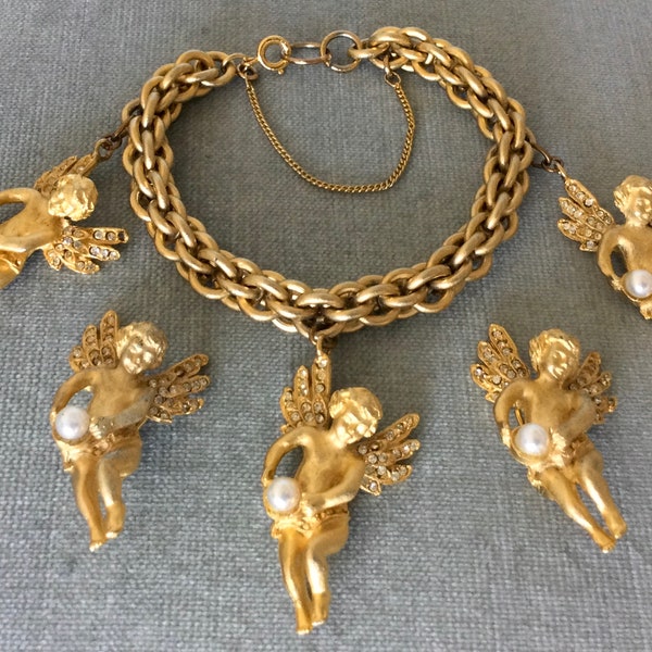 Stunning YOSCA Signed WINGED CHERUB Huge Angel Charms Bracelet Earrings Set Pearl Crystals Gold Metal Vintage Designer Runway Couture Love