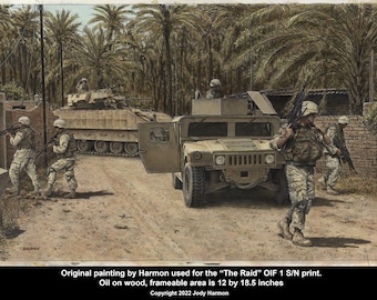 ORIGINAL Pintura al óleo sobre madera de Harmon utilizada para la serie de grabados titulada "The Raid" OIF Arte de infantería