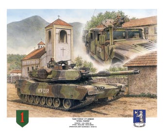 Lámina firmada y numerada de la Fuerza de Tarea 1-77 Blindados "Tigres de Acero" en Kosovo