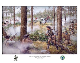 Puede incluir: Una pintura que representa una escena de batalla en un bosque. Los "Over the Mountain Men" derriban a Ferguson. Batalla de Kings Mountain, 17 de octubre de 1780.