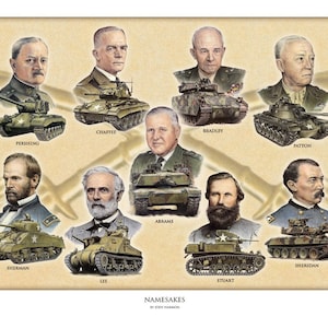 May include: A vintage-style illustration of military tanks named after famous generals. The tanks are depicted in a circular arrangement with the names of the generals below each tank. The names include Pershing, Chaffee, Bradley, Patton, Sherman, Lee, Stuart, Sheridan, and Abrams.