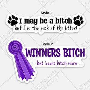 Pegatinas para perros con frases como "Quizás sea una perra" y "Perra ganadora"
