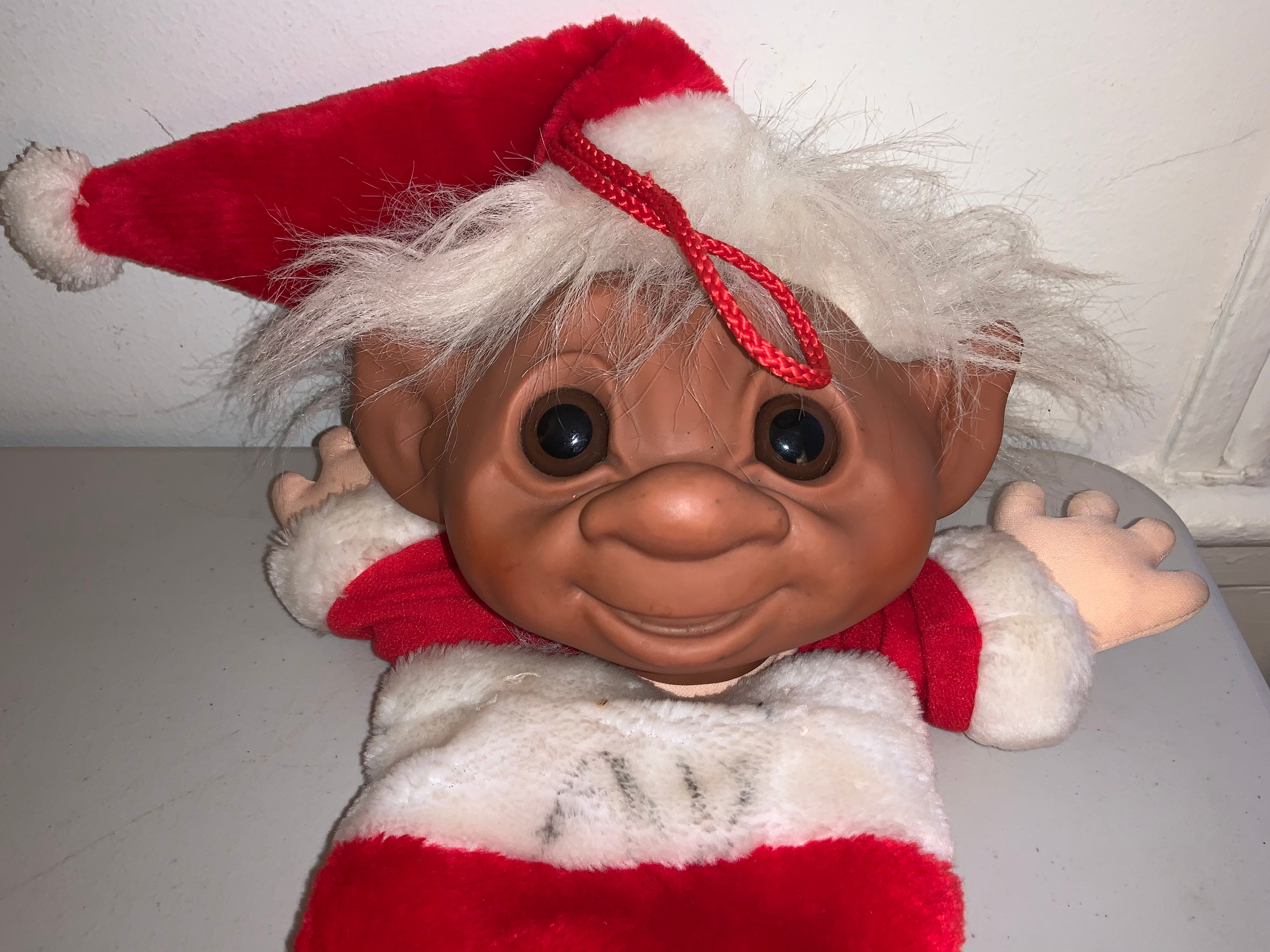 Troll Doll Christmas Stocking red Plush With White Hair Smiling Rubber Head  and Red Stocking With Hands Grasping, Vintage Trolls DAM 