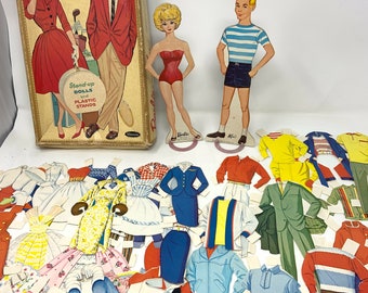 1962 Barbie & Ken Stand Up Dolls + Plastic Stands / Whitman