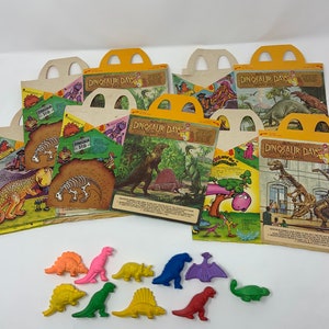 1981 McDonalds Dinosaur Days Happy Meal Lot (10) Dino Erasers and Boxes- Lot of 6; 4 Unique Designs