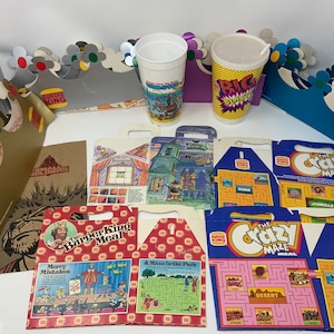 Vintage Burger King Ephemera Lot - Paper Crowns Kids Meal Boxes Cups