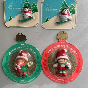 1980s Avon Holiday Pins - Christmas Elf Tie-On Pins Let It Snowman