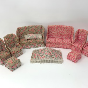 Floral Dollhouse Furniture Chair & Sofa Lot - 10pc Ottomans Pillow Wingback Chairs Vintage