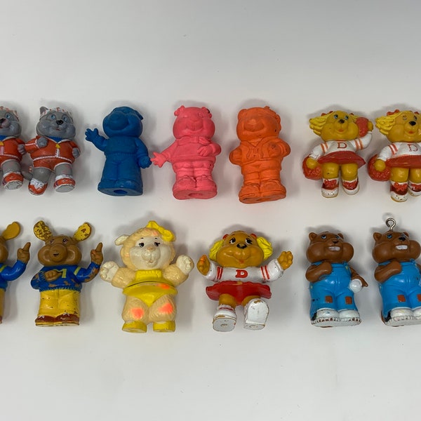 1980s Get A Long Gang 13 Pc Lot - Erasers & Figures - Dotty Dog Woolma Bingo Beaver Montgomery Moose