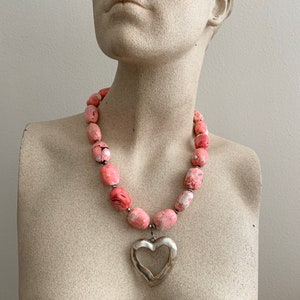 Pink Thulite / Rosaline Rough Tumbled Heart Necklace - 21&quot; Toggle Clasp
