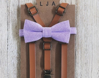 Lavender Groomsmen Wedding bow tie and skinny  leather suspender Ring bearer Outfits for Baby Boy Rustic wedding outfits for groomsmen