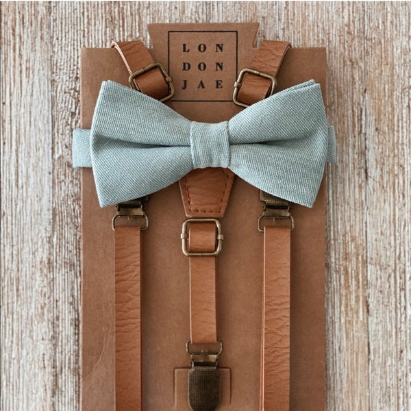Light Brown Skinny Suspenders - Dusty Sage Bow Tie - Build Your Own Set -  Backyard Wedding Groomsmen attire, Ring bearer, Summer Wedding