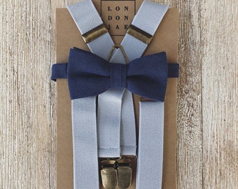 Navy Bow tie - Light Grey Suspender - Build Your Own Set - Navy Neck Tie - Ring Bearer Outfit  Rustic Wedding Groomsmen  Beach Wedding