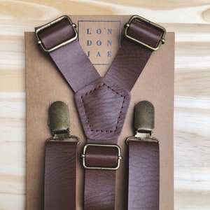 Brown suspenders for Groom Groomsmen Ring Bearer Rustic Wedding Suspenders baby leather silver clips by London Jae Apparel