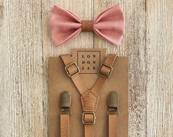 Coral Peach Mai Tai Bow Tie - Light Tan Brown Groomsmen Suspenders - Bow Tie Set - Ring Bearer Outfit - Groomsmen Gift