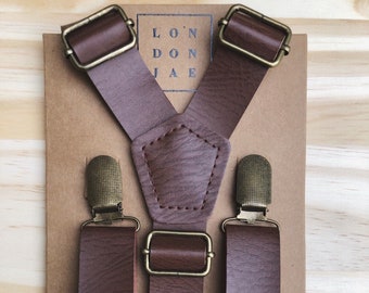 Brown suspenders for Groom Groomsmen Ring Bearer Rustic Wedding Suspenders baby leather silver clips by London Jae Apparel