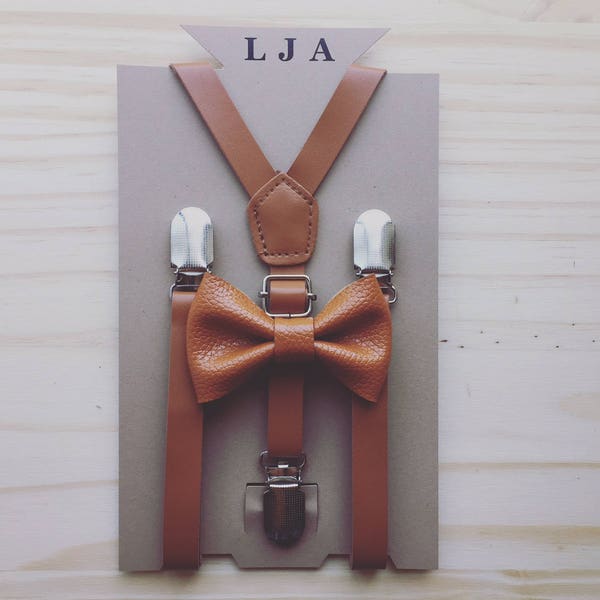 Groomsmen Caramel Brown Faux Leather Suspenders and Bow Tie Brown Boys Suspenders Brown Rustic Wedding Suspenders