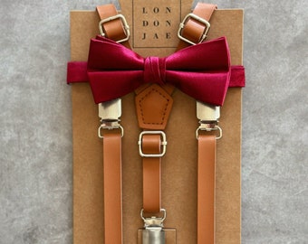 Caramel brown suspenders & Crimson Red Bow Tie for ring bearer wedding outfit Leather like Suspender and Satin Silk Bowtie Set baby braces