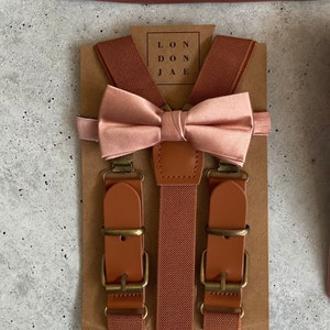 Rose Quartz Satin Bow Tie Cognac Brown Suspender for groom groomsmen ring bearer Fits big tall wedding groomsmen (6'5"+) 1" width elastic