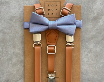 Caramel brown suspenders & Slate Blue Bow Tie for ring bearer wedding outfit Leather like Suspender and Satin Silk Bowtie Set baby braces