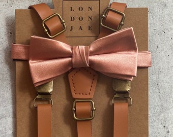 Champagne Rose Satin Bow Tie  Brown Groomsmen Suspender Build Your Own Set ( Ring Bearer, Rustic Wedding Groomsmen, Wedding)