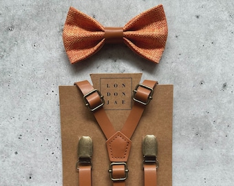 Sunset Orange Burlap Bow Tie w/  Brown Faux Leather Brown Suspenders Wedding RingBearer Outfit Groomsmen Big Tall 35”-67" fit up to 6’8