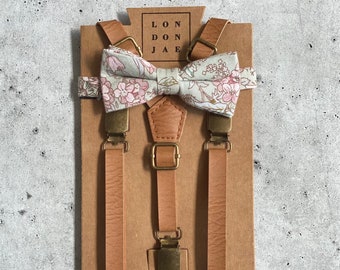 Sage Floral - Bow Tie  & Brown Suspenders - Agave Bow Tie Neck Tie Set - Groomsmen Wedding Suspenders for Ring Bearer Rustic Wedding Outfit