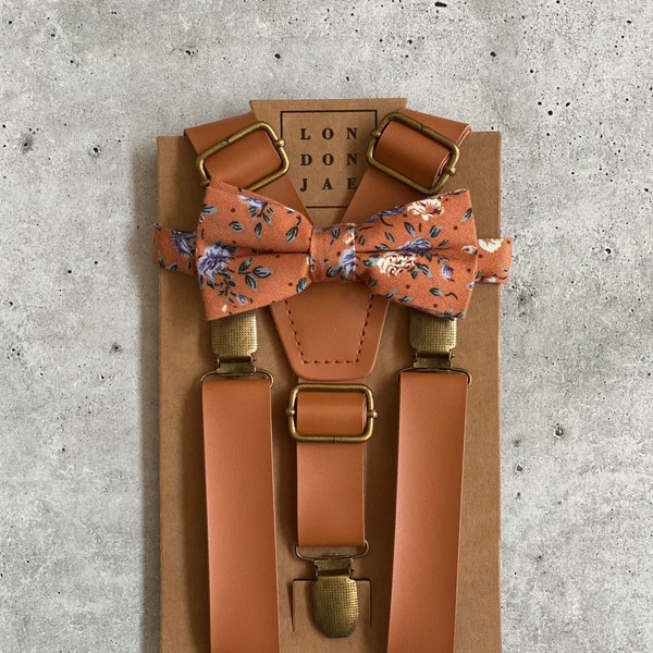 Orange Floral - Bow Tie  & Brown Suspenders - Bow Tie Neck Tie Set - Groomsmen Wedding Suspenders for Ring Bearer Rustic Wedding Outfit