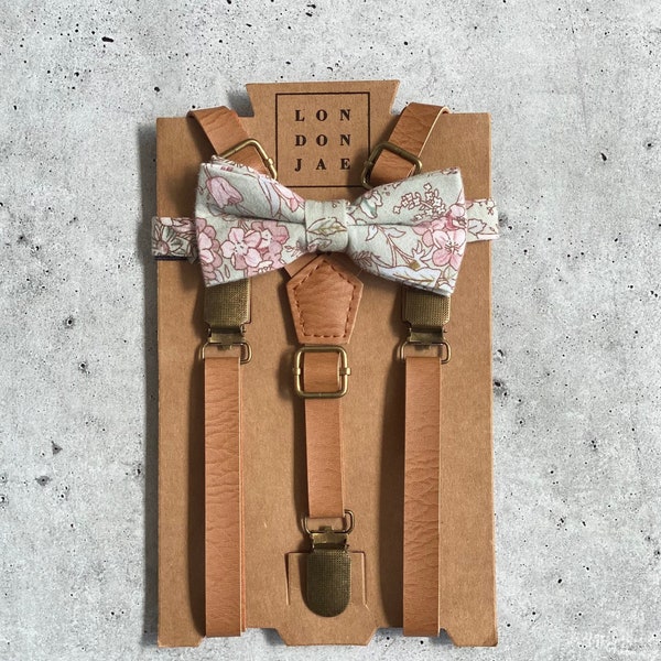 Sage Floral - Bow Tie  & Brown Suspenders - Agave Bow Tie Neck Tie Set - Groomsmen Wedding Suspenders for Ring Bearer Rustic Wedding Outfit