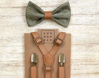 Olive Green Burlap Bow Tie w/ Light Tan Faux Leather Brown Suspenders Wedding RingBearer Outfit Groomsmen Big Tall 35”-67" fit up to 6’8