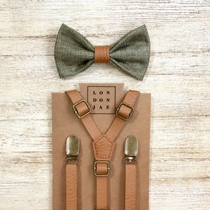 Olive Green Burlap Bow Tie w/ Light Tan Faux Leather Brown Suspenders Wedding RingBearer Outfit Groomsmen Big Tall 35”-67&quot; fit up to 6’8