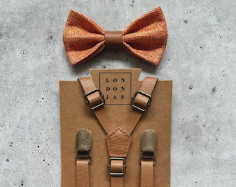 Sunset Orange Burlap Bow Tie w/ Light Tan Faux Leather Brown Suspenders Wedding RingBearer Outfit Groomsmen Big Tall 35”-67" fit up to 6’8