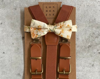 Cognac Suspenders for Men - Felix Floral Bow Tie - Neck Tie Set - Ring Bearer Rustic Wedding Outfit Groomsmen Gift Suspender Bow Tie